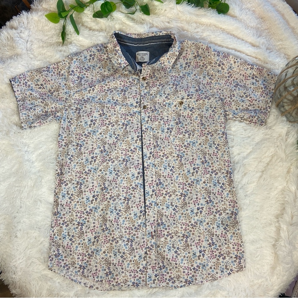 Distortion Mens Floral Button Up Short Sleeve Shirt Size 2XL - Picture 9 of 13